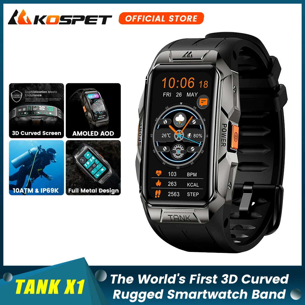 KOSPET TANK X1 Smart Watch Men Women Smartband 10ATM Waterproof Watches 1.47" AM