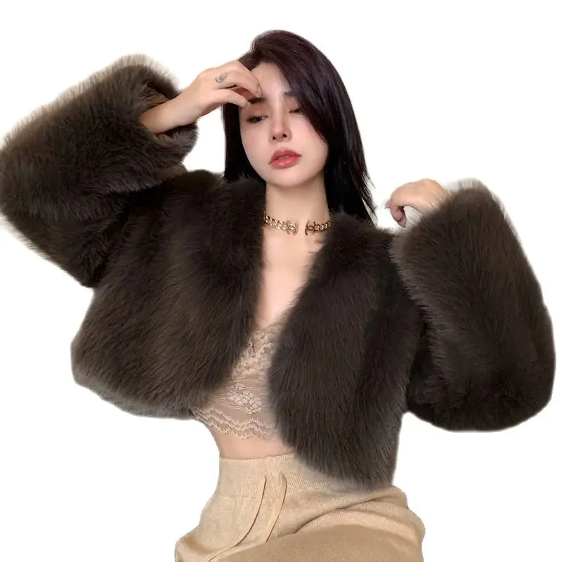 Korean Fashion Girls Fur Cardigan Short Cut Loose Long Sleeves Winter Warm Hot S