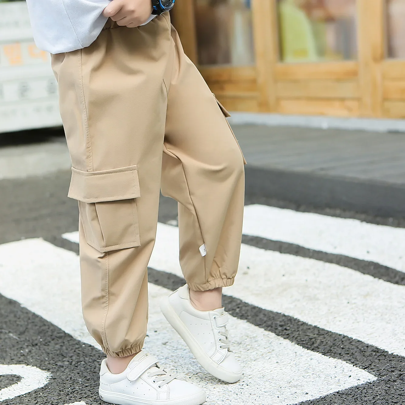Kids Cargo Pants Solid Color Children Casual Trousers with Multi Pockets Elastic