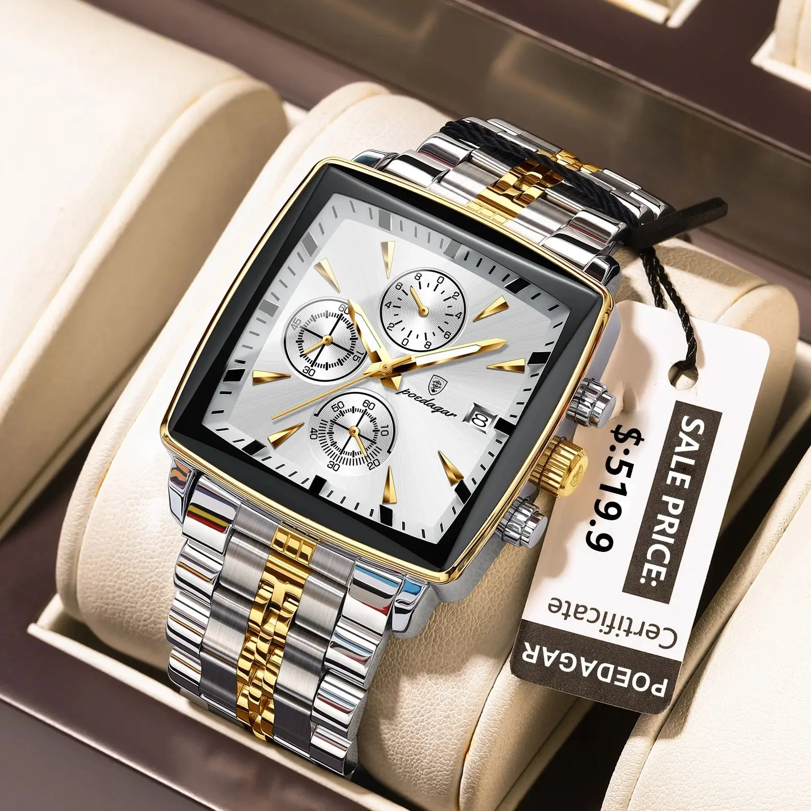 POEDAGAR Luxury Square Sport Man Wristwatch Waterproof Luminous Chronograph Quar