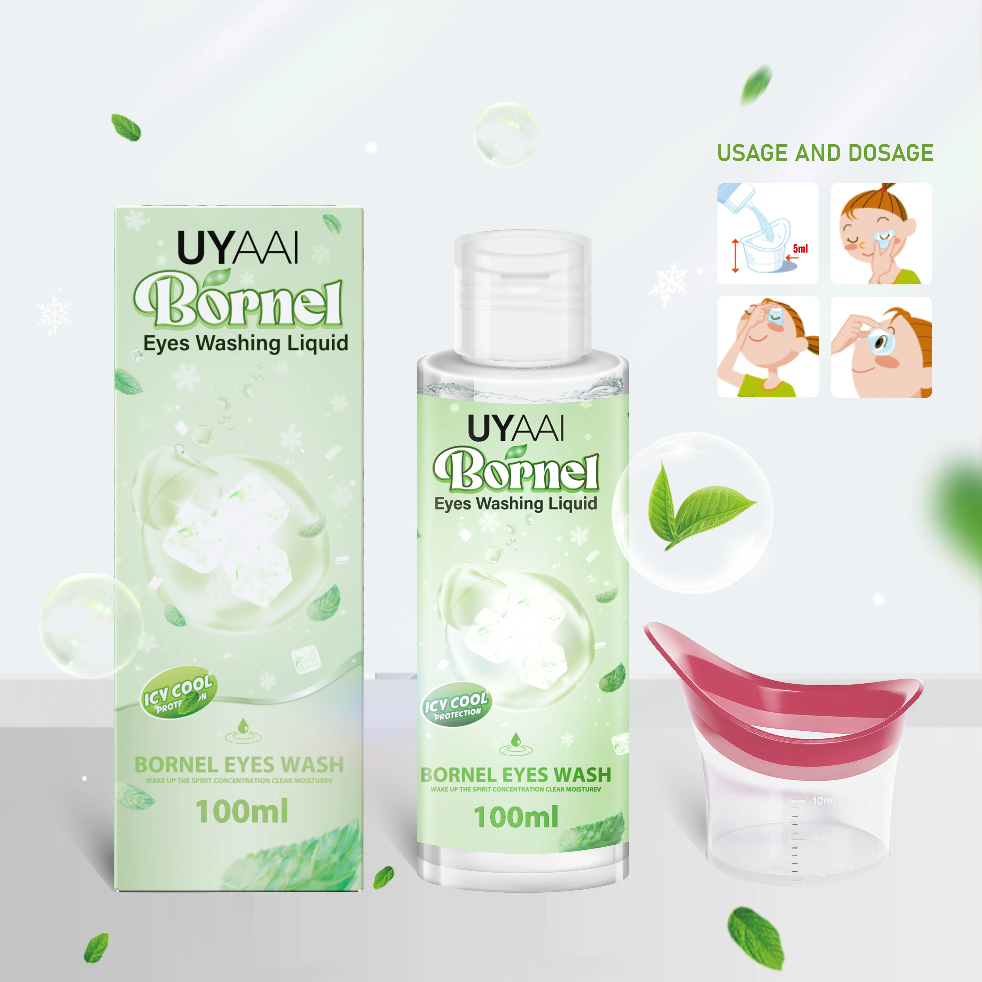 UYAAI 100ML Contact Lenses Eye Wash Solution Ice Cool Borneol Essence Extract Ey