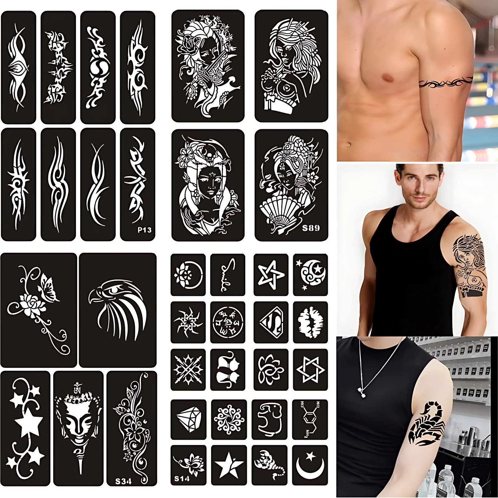 Large Glitter Tattoo Template for Girls Man Reusable Succubus Flower Skull Makeu