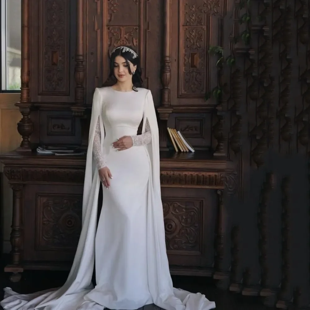 Flavinke Simple Satin Muslim Wedding Dresses 2023 O Neck Lace Full Sleeve Long D