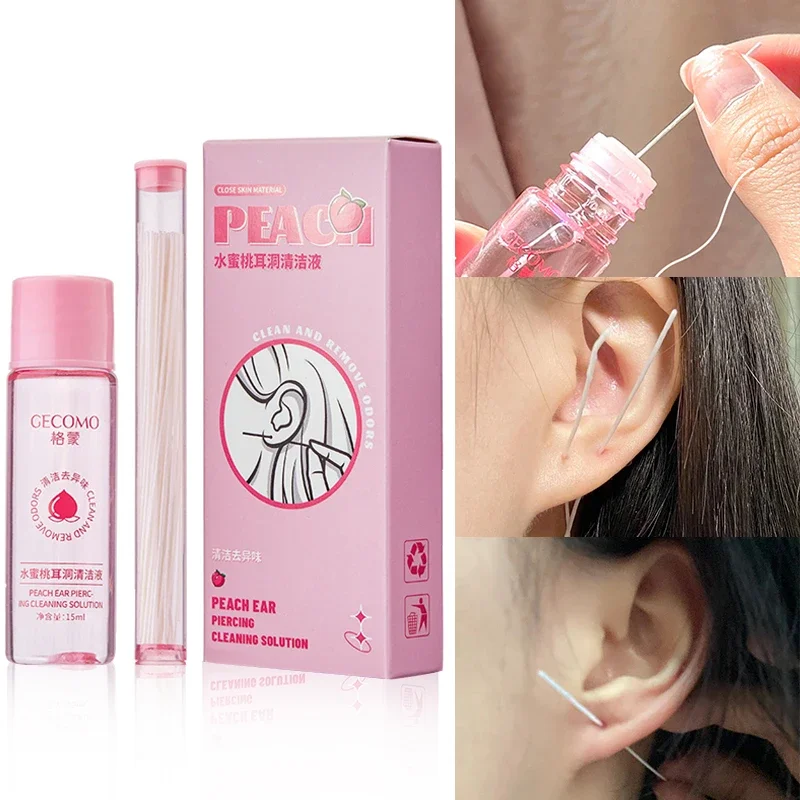 Pierced Ear Cleaning Set Solution Peach Flavor Floss Cotton Thread Ear Hole Afte
