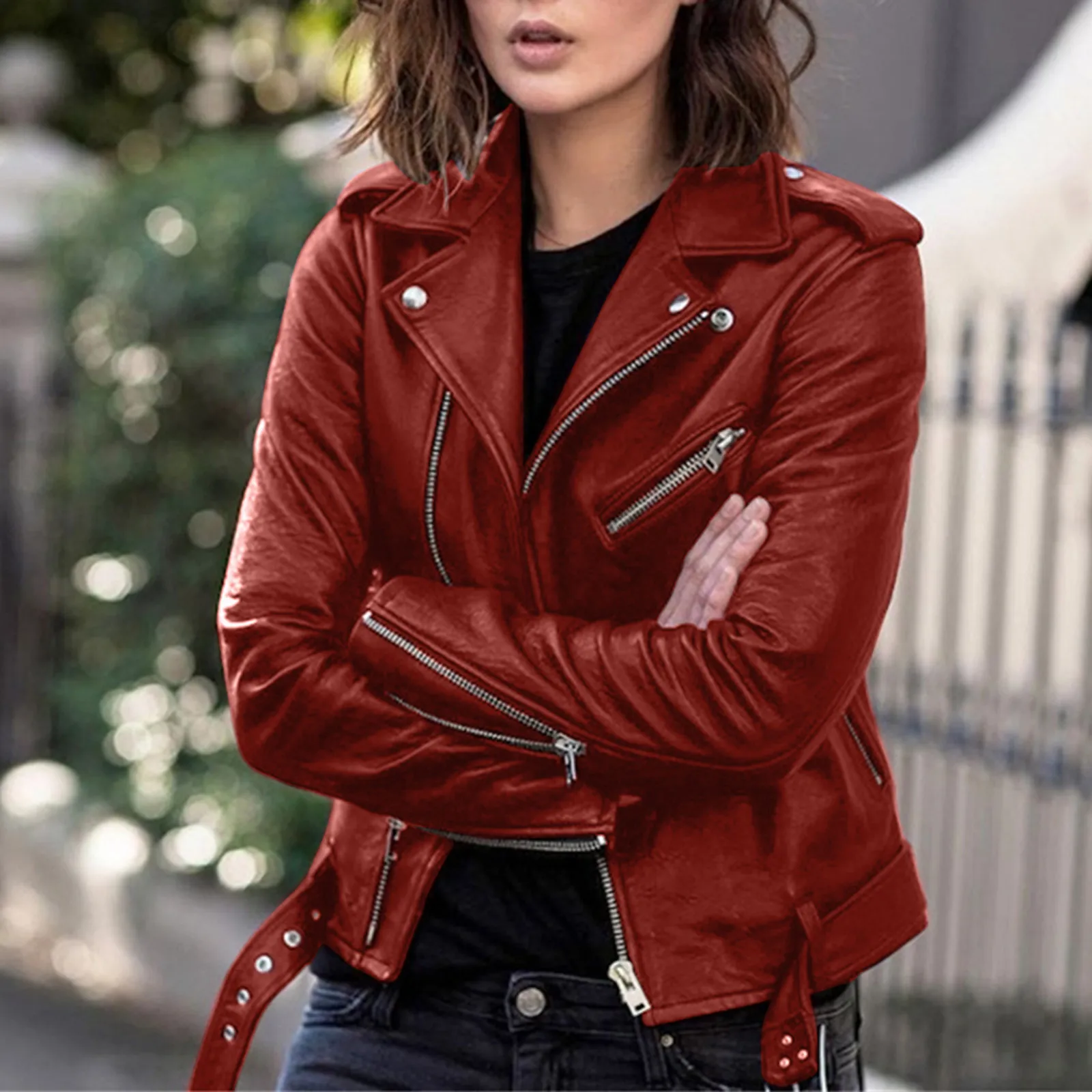 Womens Casual Fall Jackets Women Plus Size Fashion Faux Leather Jacket Long Slee