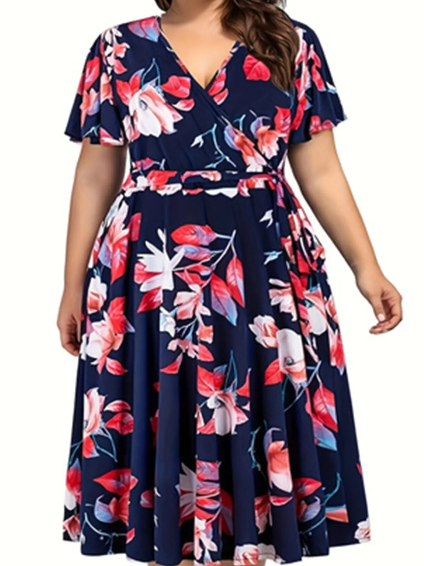 Plus Size Floral Print Cinched Waist Dress, Elegant Short Sleeve Dress For Sprin
