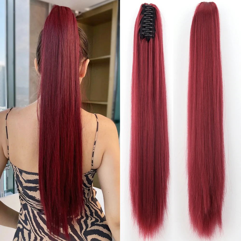 Synthetic Long Straight Claw Clip In Ponytail Hair Extensions 24Inch Heat Resist