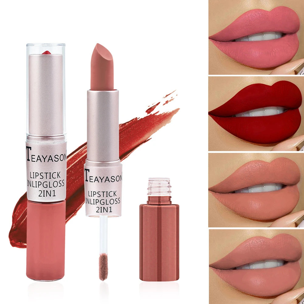 Dual-Ended Matte Lip Gloss, Non-Stick Cup 2-in-1 Velvet Finish Lipstick,Long-Las