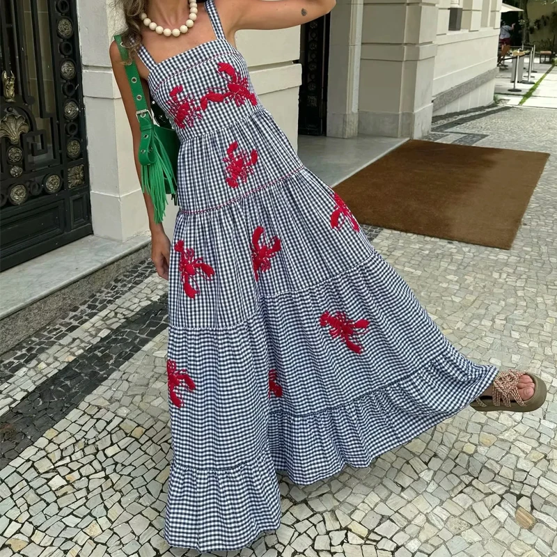 HXAO Women Ruffle Embroidery Slip Dress Sleeveless Plaid Dress Pleated Backless 