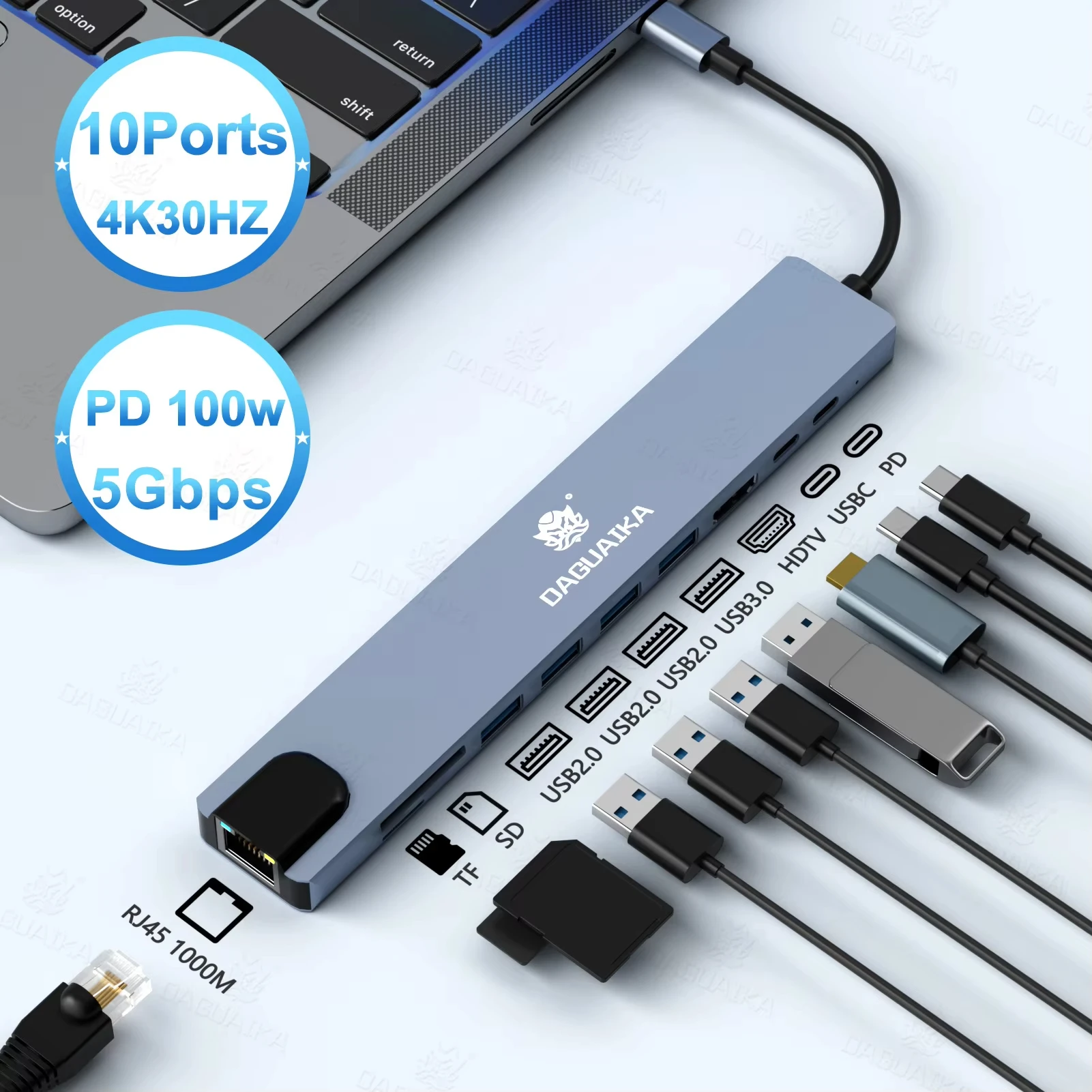 10 in 1 USB C HUB 4K30Hz Docking Station Type C to HDMI-Compatible RJ45 Ethernet