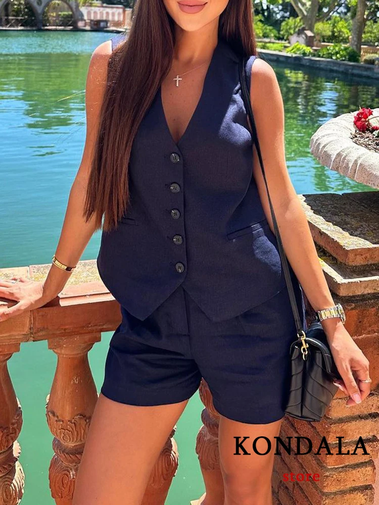 TRAFZA Casual Linen Women Suits 2 Pieces V Neck Buttons Vest Blazer+High Waist W