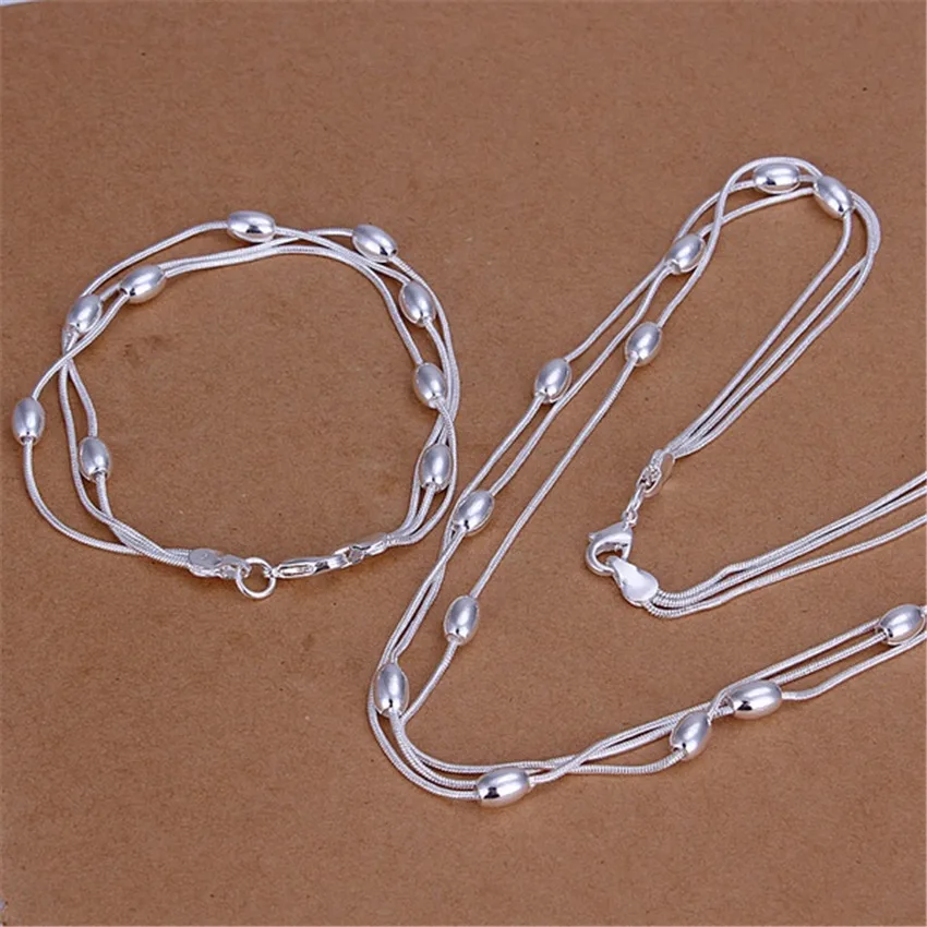 925 Sterling Silver Fringed oval beads Chain Bracelets necklace Jewelry set for 