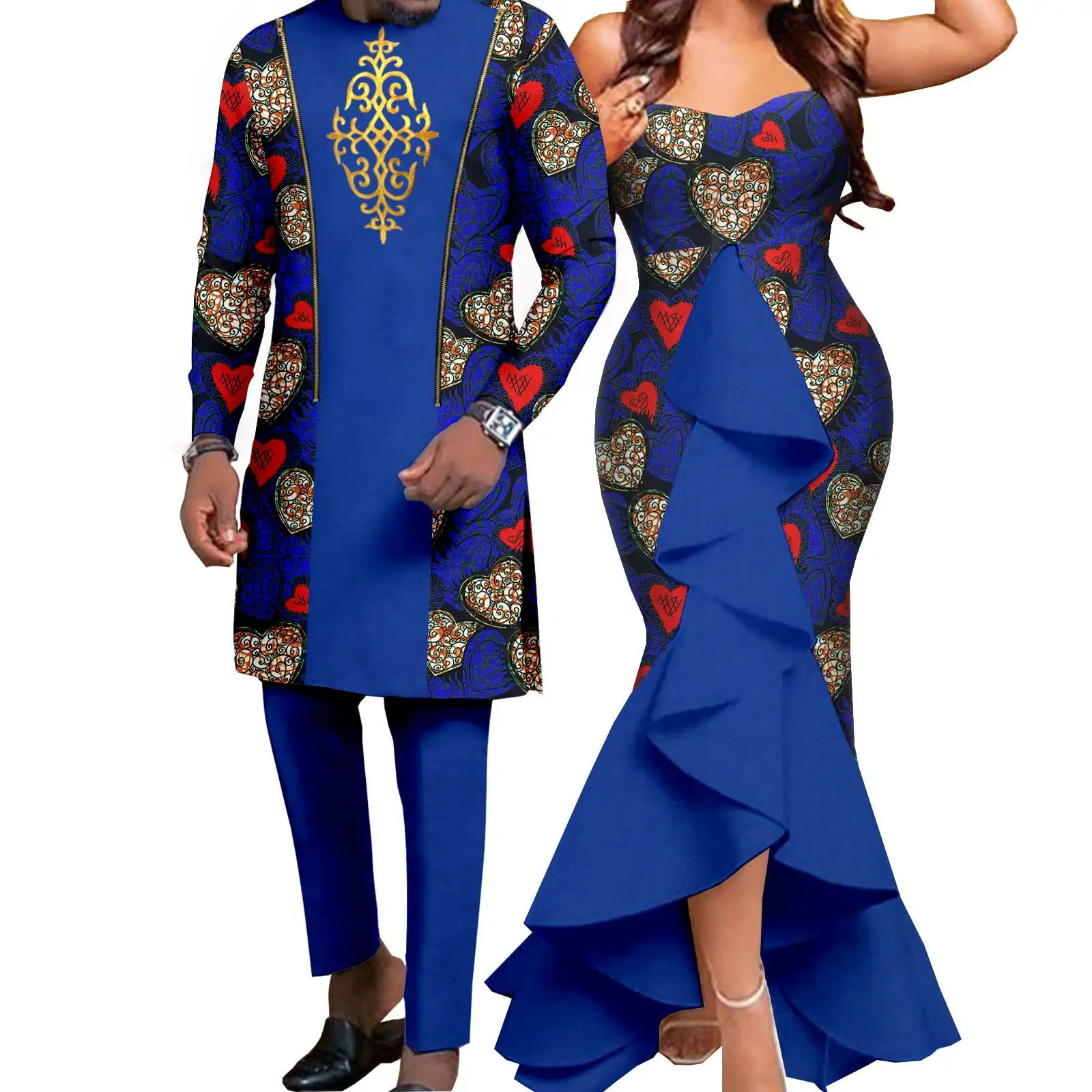 Dashiki African Women Mermaid Dresses Matching Men Outfits Pant Sets Bazin Riche