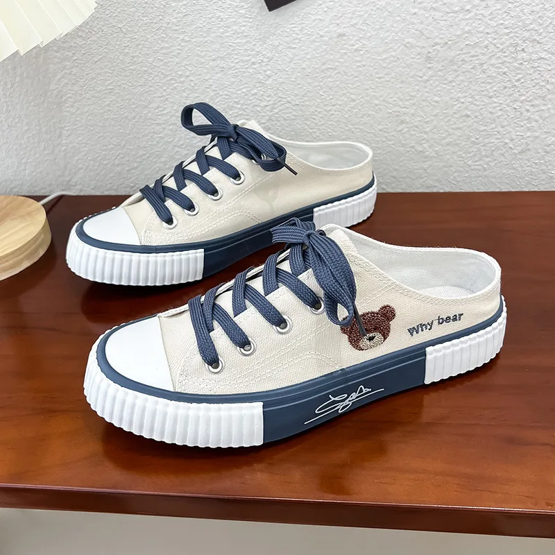 Spring Women Cute Bear Canvas Shoes New Flat Casual All-match Half Slippers Kore