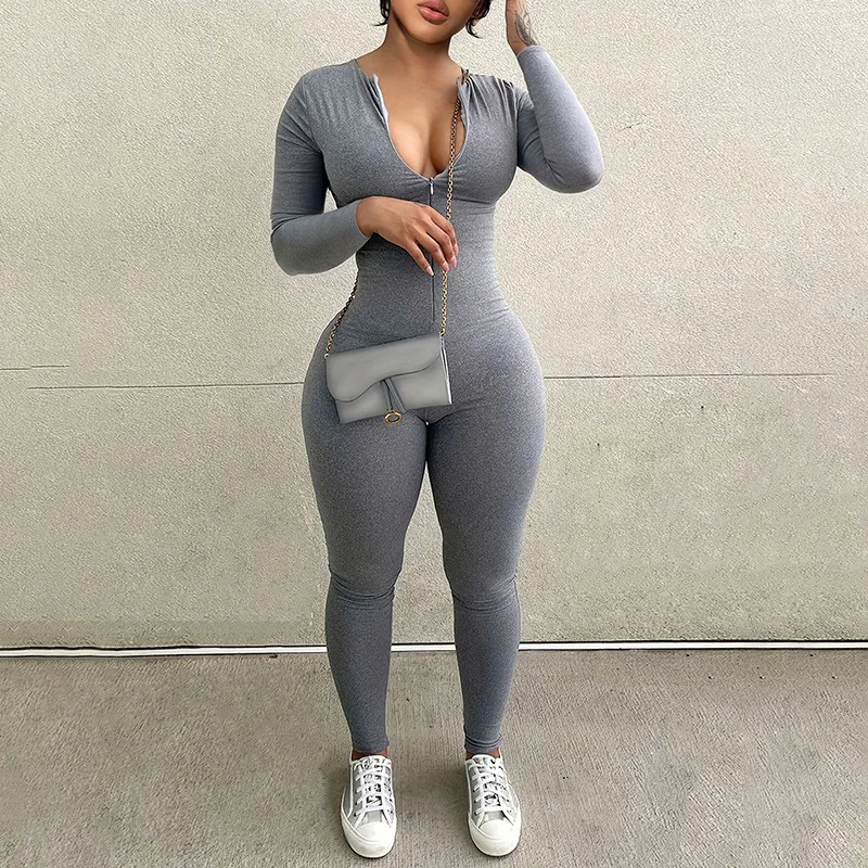 Sexy Sports Jumpsuits Women Autumn New Solid Long Sleeve Bodycon Fashion Rompers
