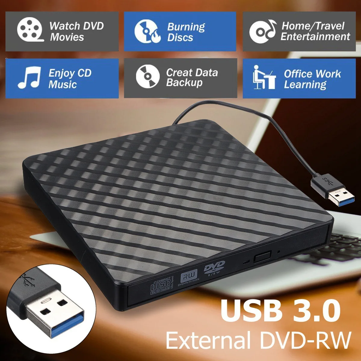 2in1 USB3.0 TypeC Slim External DVD RW CD Writer Drive Burner Reader Player Opti