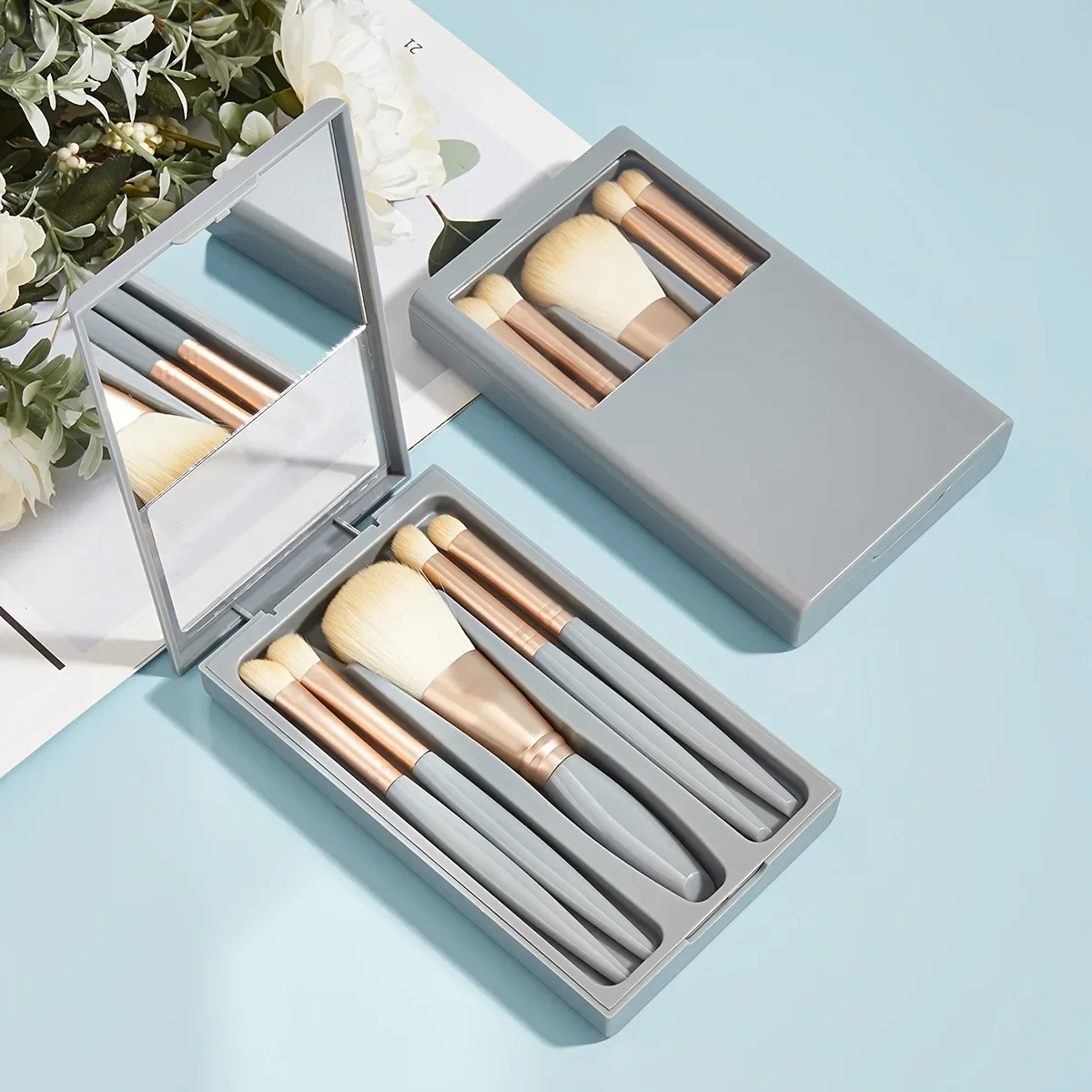 5Pcs Travel Makeup Brushes Set Portable Mini Cosmetic Brush with Mirror Case Pow