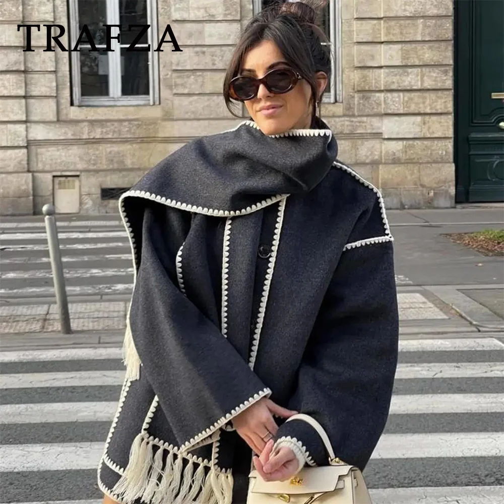 TRAFZA 2023 Women Autumn Winter Casual Zigzag Scarf Collar Jackets Fashion Loose