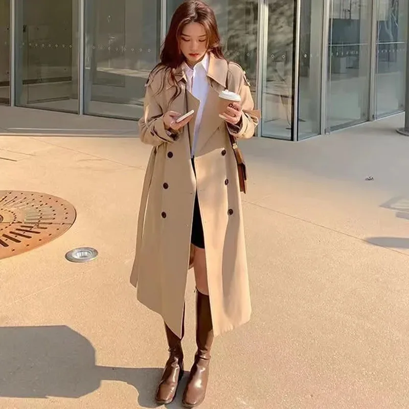Streetwear Loose Trench Coat Midi Length Fashion Korean Elegant Khaki Black Wome