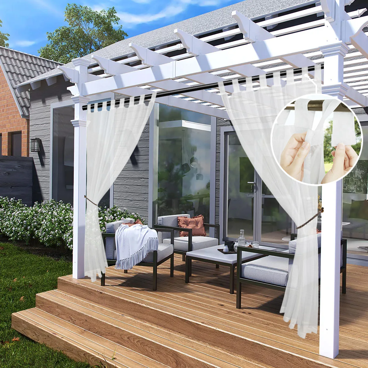 1PC, Outdoor Detachable Sticky Tab Top Curtain, Sheer Drape Outside Waterproof C