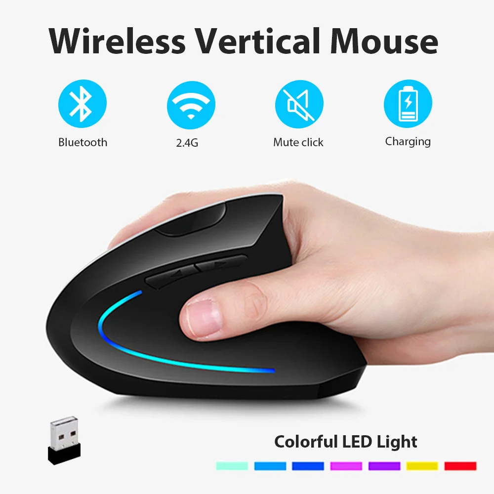 2.4G Rechargeable Wireless Bluetooth Mouse 1600 DPI 6 Buttons Silent Button Ergo