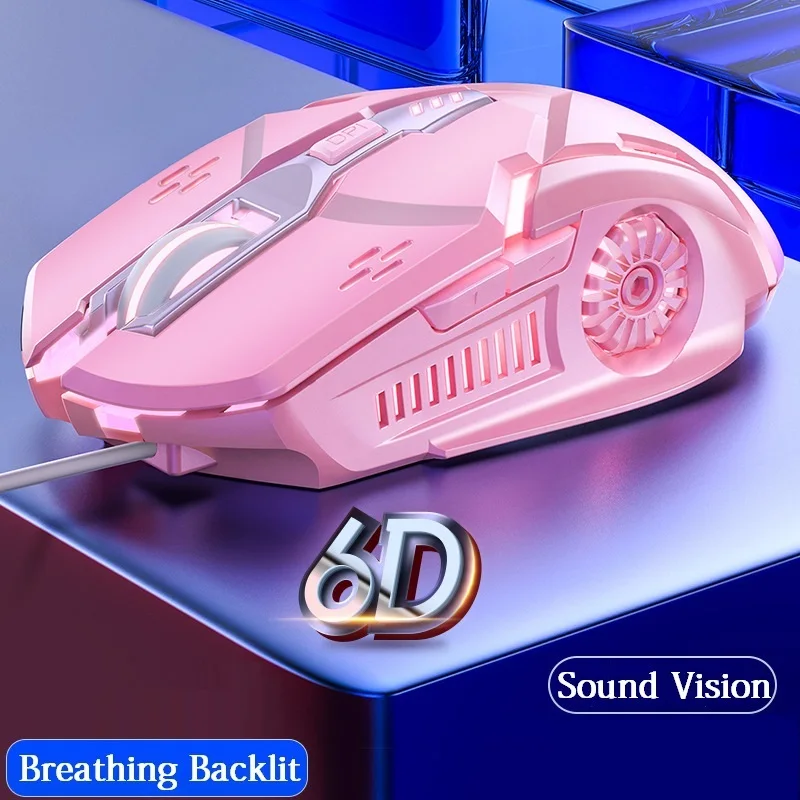 Pink Wired Gaming Mouse Backlit High Sensitivity 6 Keys Macro Programming Gamer