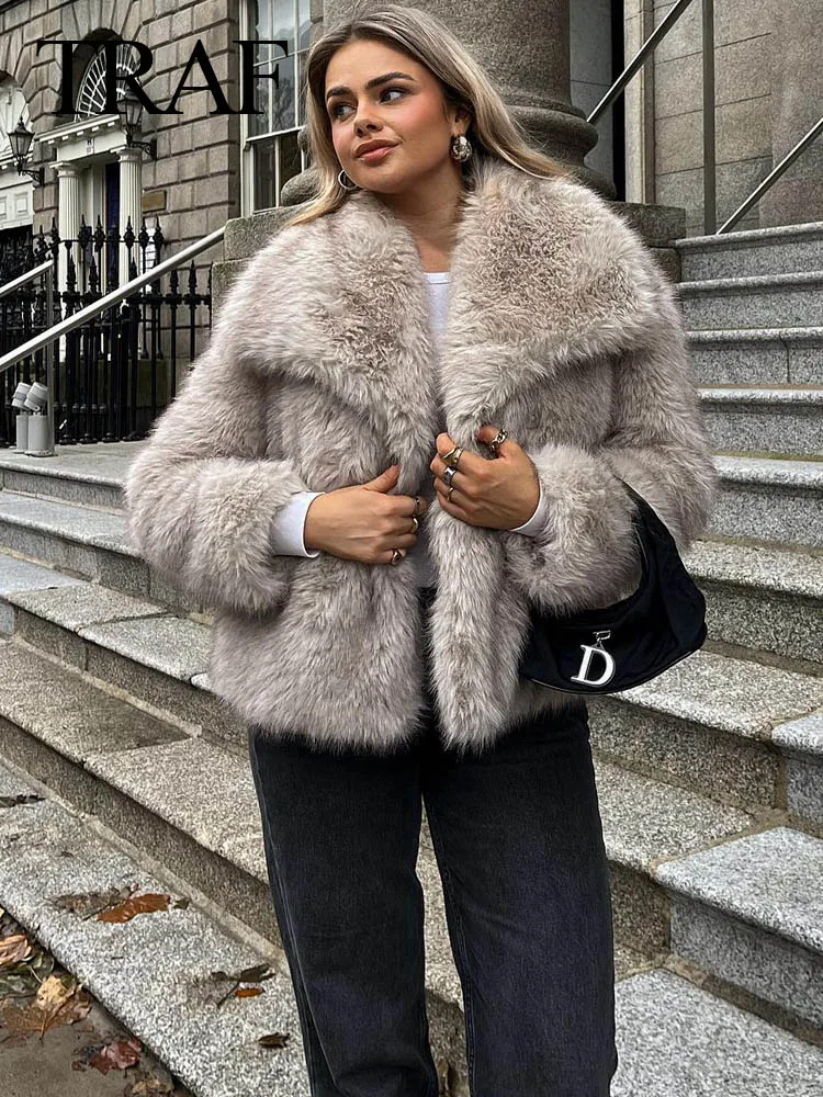 TRAF 2024 Women Fashion Cropped Faux Fur Jacket Coat Long Sleeve Front Snap-butt