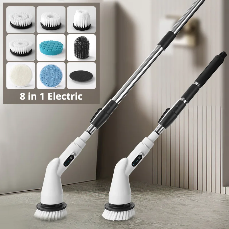 New 8-in-1 LCD Cordless Electric Cleaning Brush with Long Handle, Retractable Ba